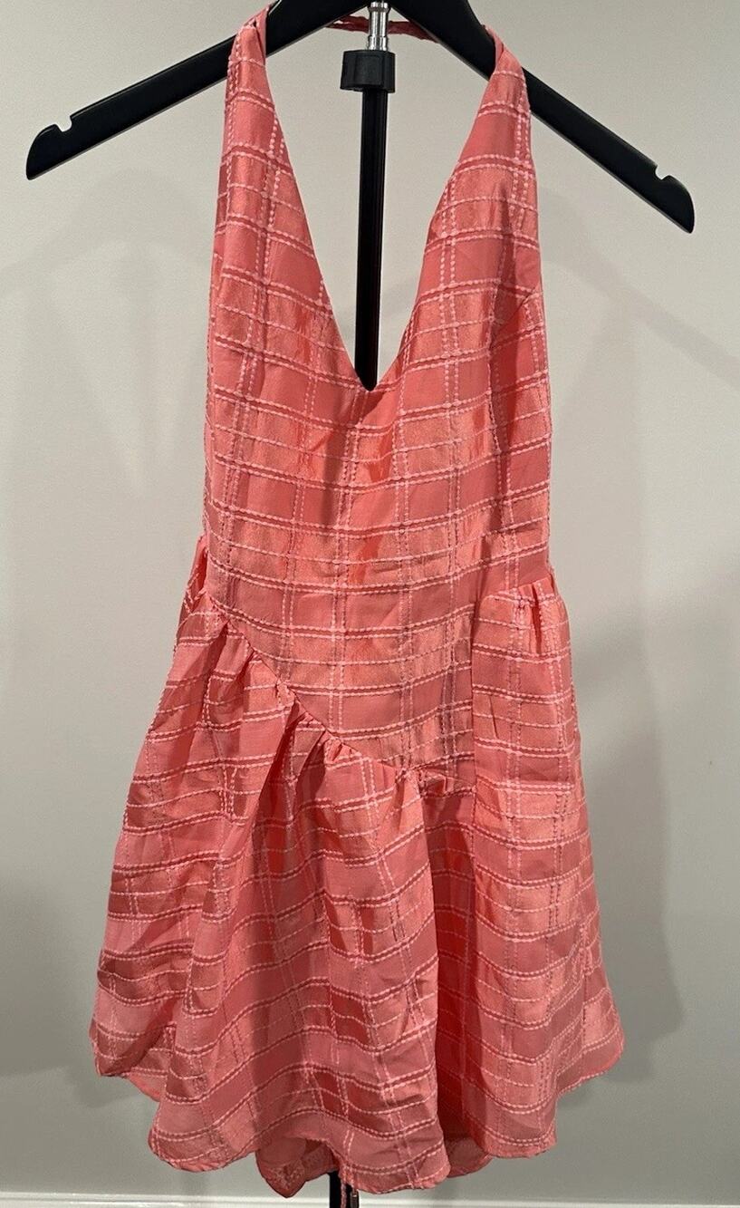 C/MEO Collective Coral Check Halter Backless Sleeveless Mini Dress Size L
